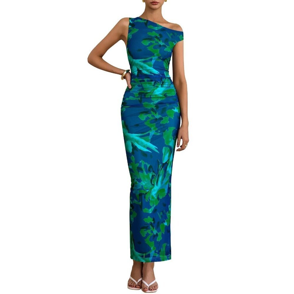 PRETTYGARDEN Large Floral One Shoulder Maxi Dress Ruched Mesh Bodycon Cocktail
